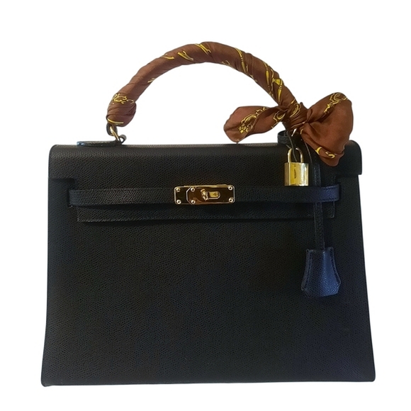 Vtg Black Epsom Leather Kelly Bag w/Clochette Lock Key & Strap GHW 32cm Italy - Picture 7 of 15